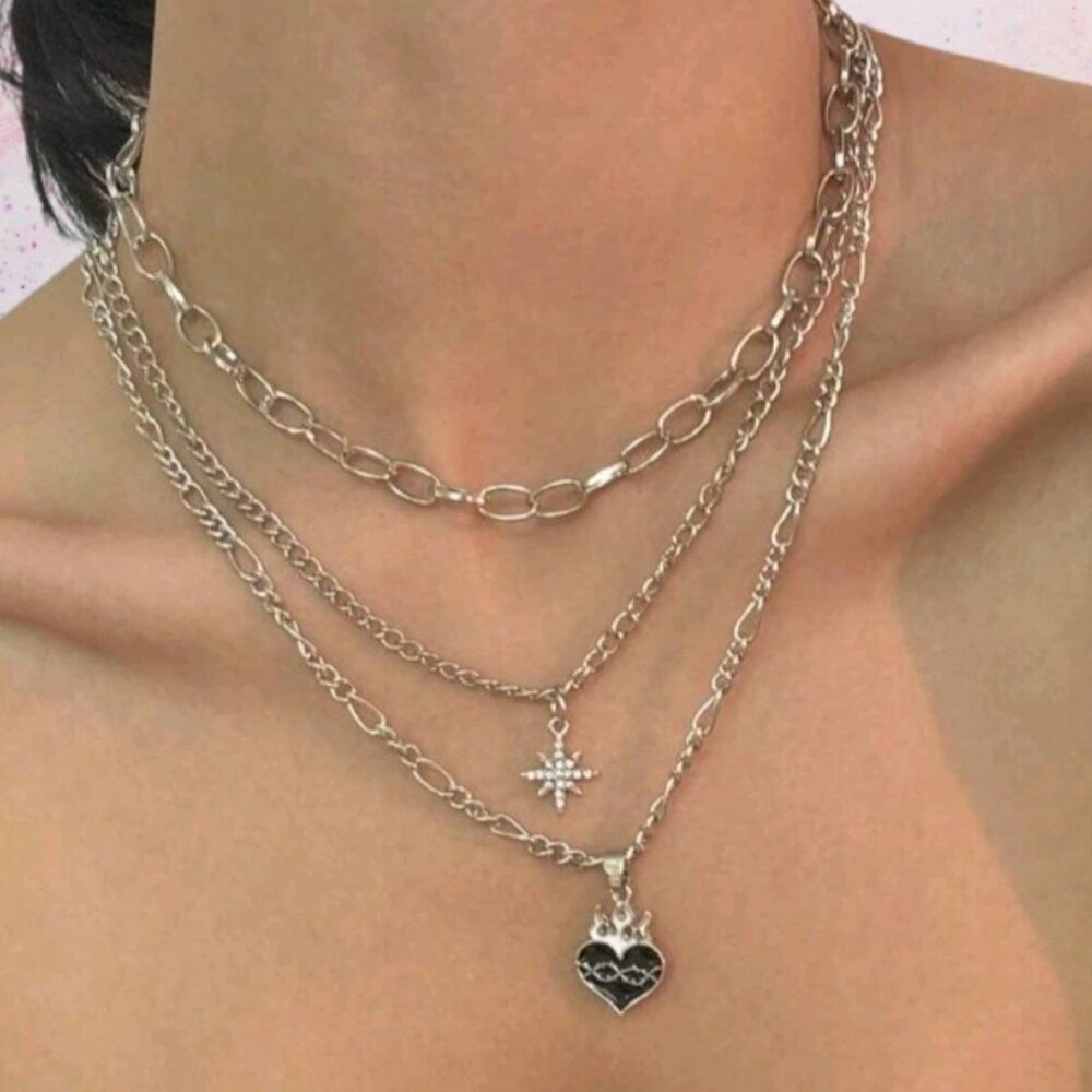 Heart on Fire Necklace Strands | Alloy Silver | Gothic Punk Alternative Emo